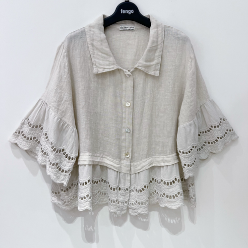 Lola TAUPE linen shirt with cotton lace *NEW*
