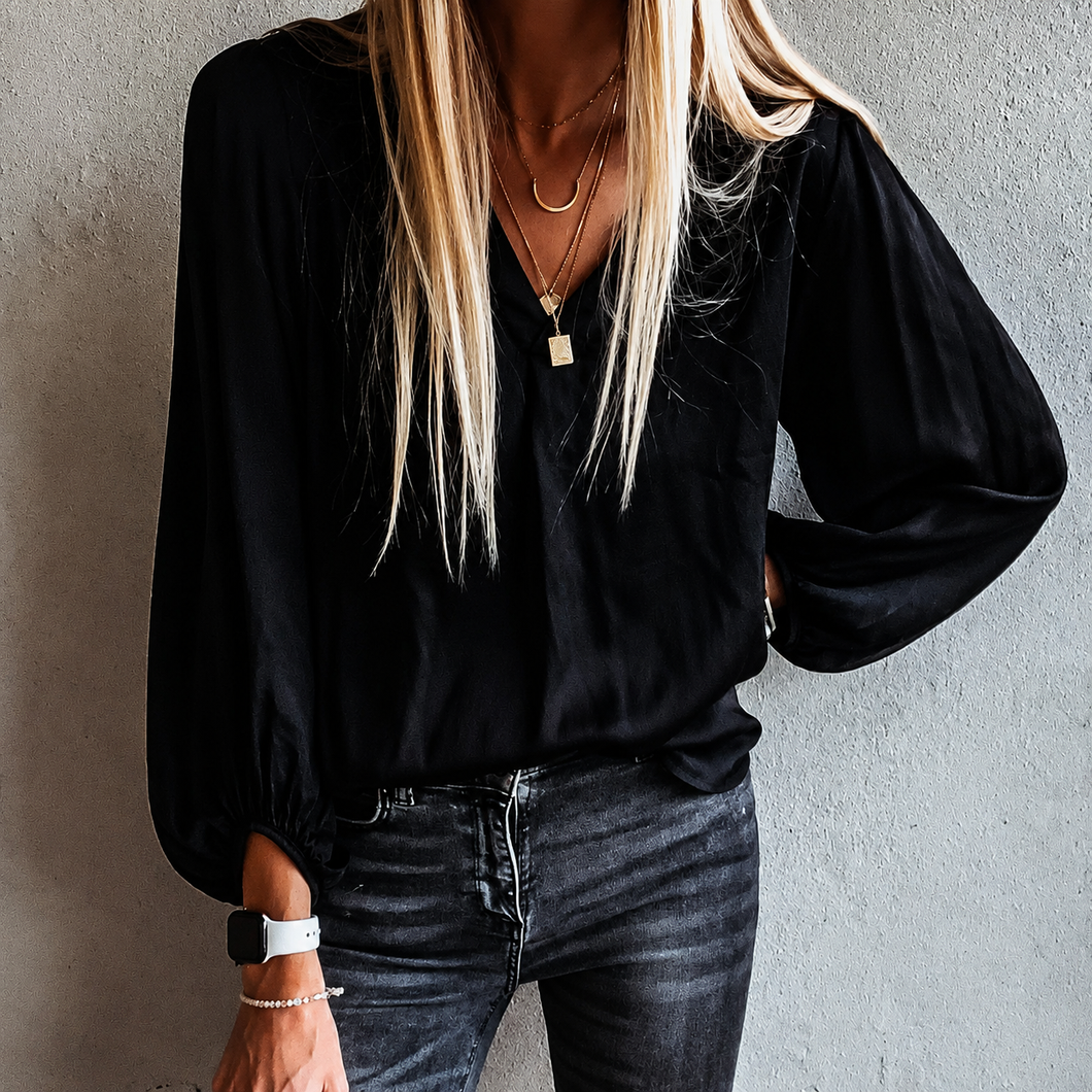 Sardinia black V neck Satin Blouse