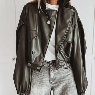 Khaki Cara faux leather high collar jacket *NEW*