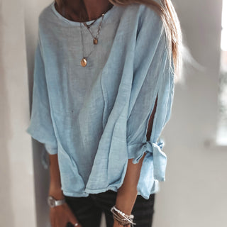 PALE BLUE Leila linen top with bows *NEW*