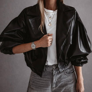 Black Cara faux leather high collar jacket