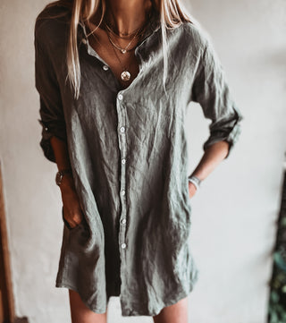 Oversized Sicily LIGHT KHAKI linen shirt beach dress with pockets *new* *relaxed fit*