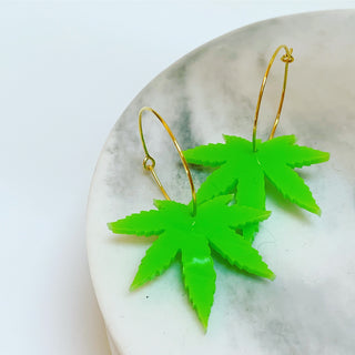 Neon green leaf hoop earrings
