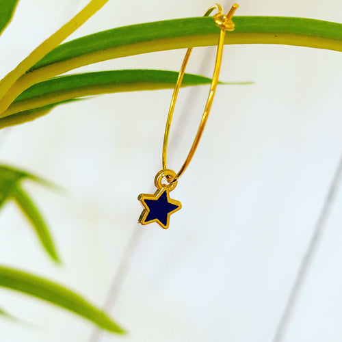 Tiny navy / gold star hoop earrings