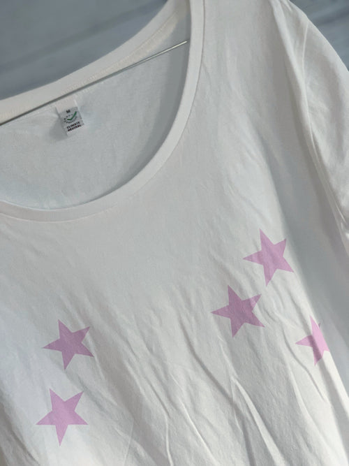 Scattered pink stars on a white tee (size medium uk 12)