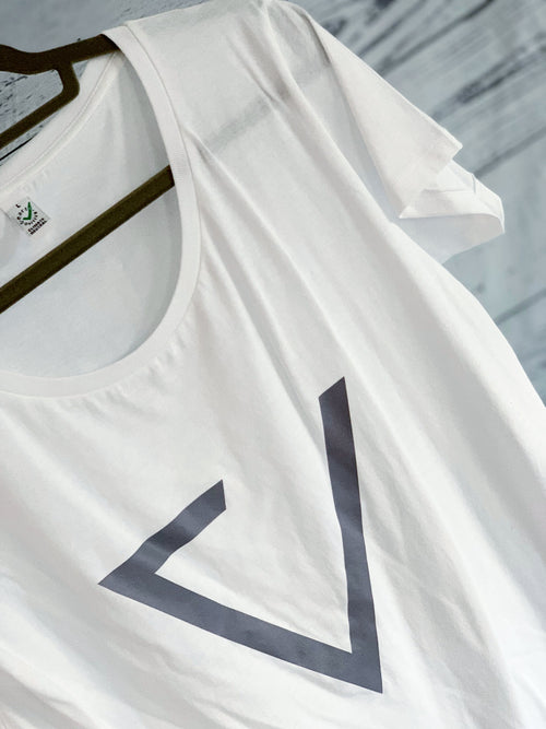 Grey triangle on a white tee (size large 14)