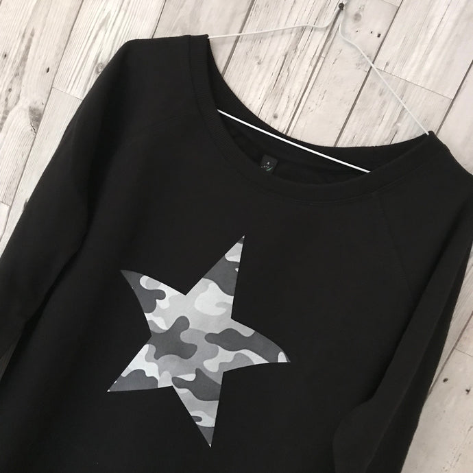 Grey camo star black sweatshirt (small, UK size 10)
