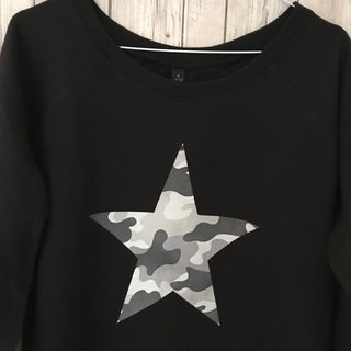 Grey camo star black sweatshirt (small, UK size 10)