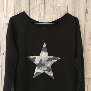 Grey camo star black sweatshirt (small, UK size 10)