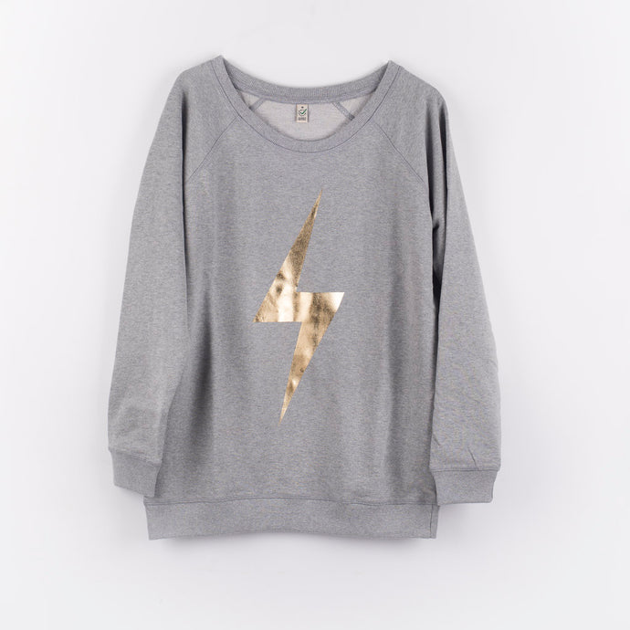 Gold lightning bolt on a light grey sweat (M)