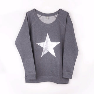 Metallic silver star on a dark grey sweatshirt