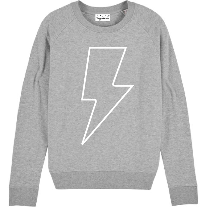 White lightning on a grey sweatshirt