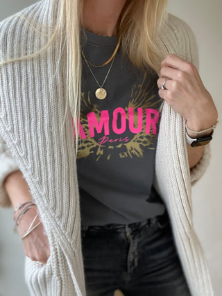 Vintage washed neon pink & gold AMOUR charcoal tee *boyfriend fit* *BACK IN STOCK*