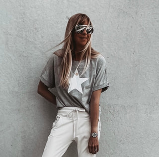 Boxy white star grey tee *boxy relaxed fit*