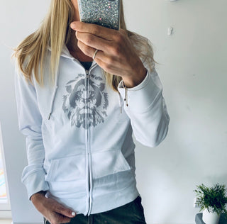 White zip hoody with lion (size 12-14)