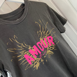 Vintage washed neon pink & gold AMOUR charcoal tee *boyfriend fit* *new*