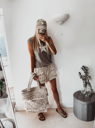 Taupe white star rolled cuff flowy tee *relaxed fit*