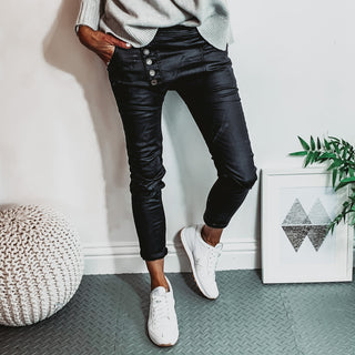 Brixton black faux leather jeans with asymmetric waist detail