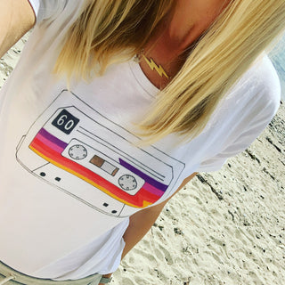 Retro rainbow camera on white tee