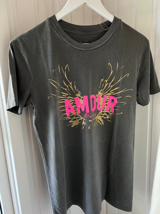 Vintage washed neon pink & gold AMOUR charcoal tee *boyfriend fit* *BACK IN STOCK*