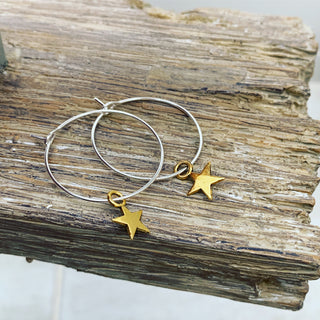 Gold star silver hoop earrings