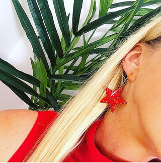 Red glitter star hoop earrings