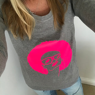 Neon pink face on grey sweat (M)