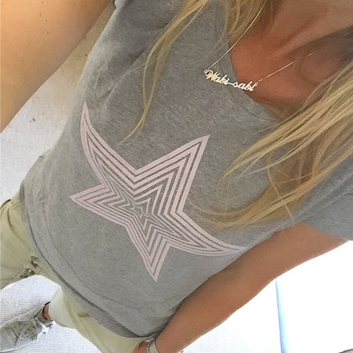 Pink star on grey tee (M)