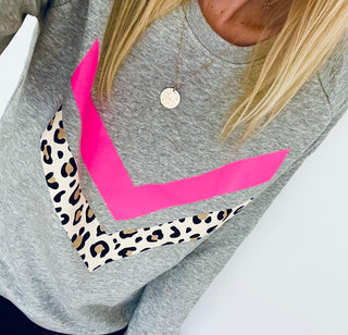 Neon pink & leopard double chevron sweatshirt *relaxed fit*