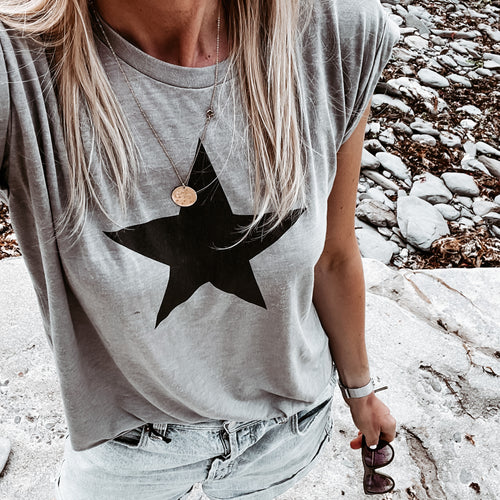 Taupe black star rolled cuff flowy tee *relaxed fit*