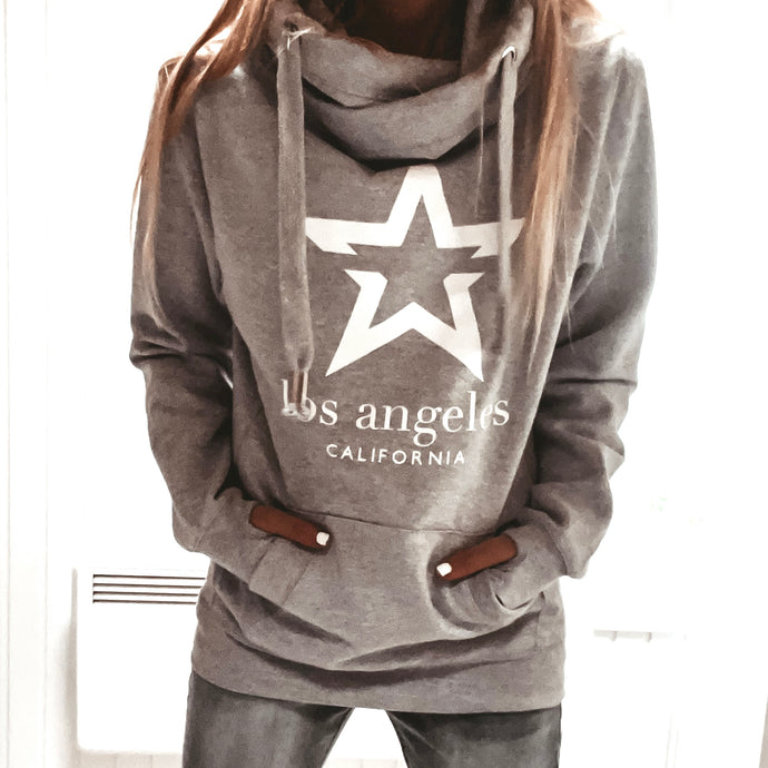 Grey & white LA star crossover neck hoody *boyfriend fit*