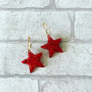 Red glitter star hoop earrings