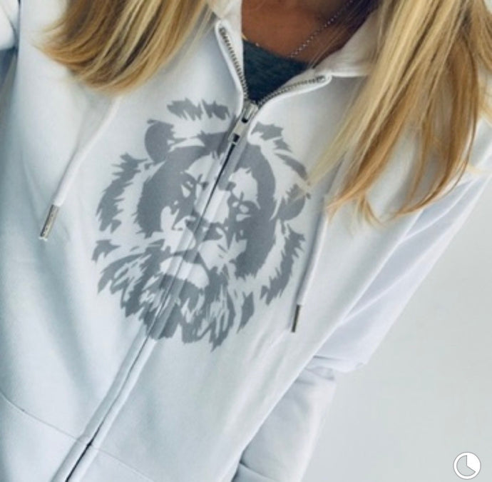 White zip hoody with lion (size 12-14)