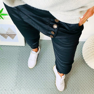 Brixton black faux leather jeans with asymmetric waist detail