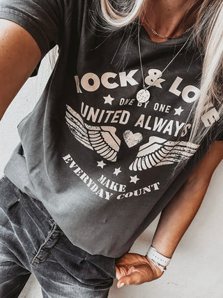 Vintage washed ROCK & LOVE, UNITED ALWAYS wings charcoal tee *boyfriend fit* *new*