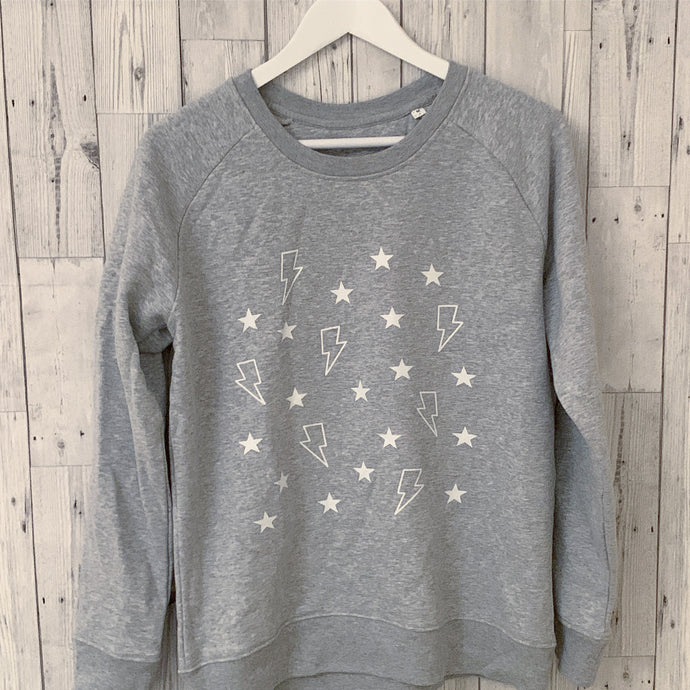 White stars & lightning on grey sweatshirt