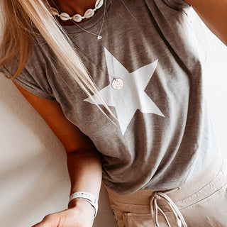 Taupe white star rolled cuff flowy tee *relaxed fit*