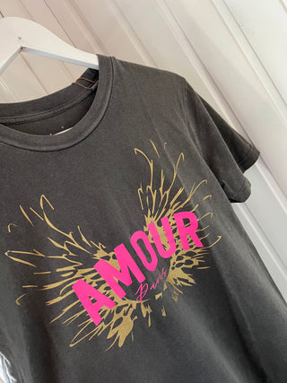 Vintage washed neon pink & gold AMOUR charcoal tee *boyfriend fit* *new*