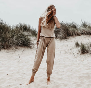 Short sleeved TAUPE TAN jumpsuit *new* *