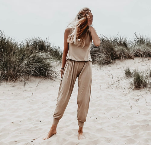 Short sleeved TAUPE TAN jumpsuit *new* *