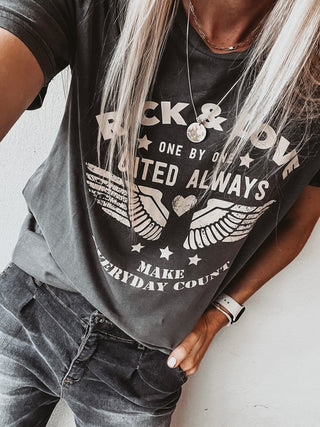 Vintage washed ROCK & LOVE, UNITED ALWAYS wings charcoal tee *boyfriend fit* *new*