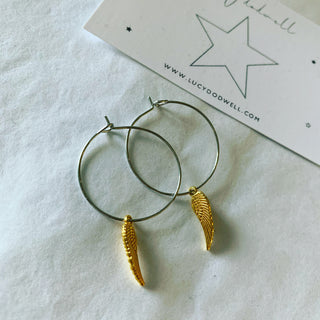 Gold angel wings silver hoop earrings