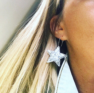 Large silver glitter star hoop earrings
