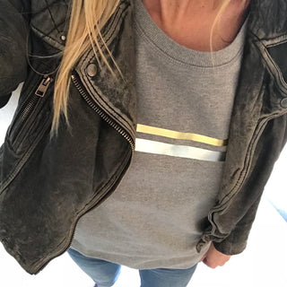 Gold & silver stripes on light grey sweatshirt