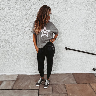 Dusty pink double star on vintage grey tee *boxy fit*