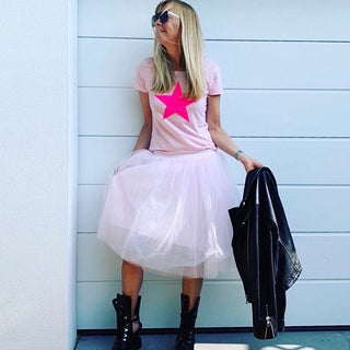 Neon pink star on pink tee