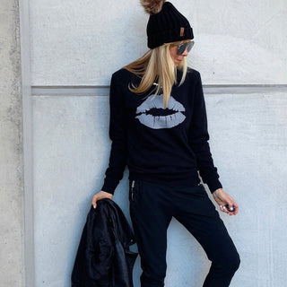 Silver grey glittery lips black sweatshirt *fitted style*