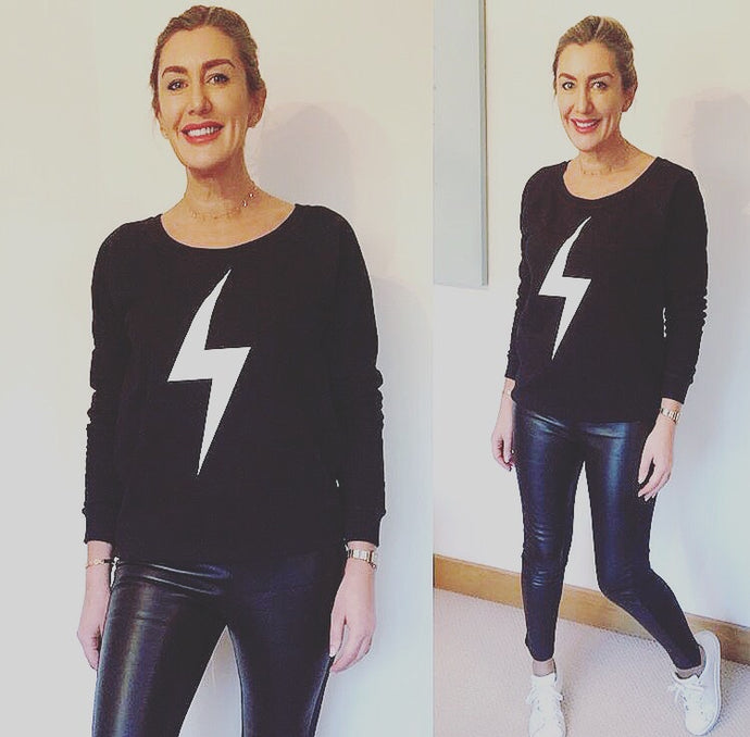 White lightning strike on black sweat (only one left, a large)