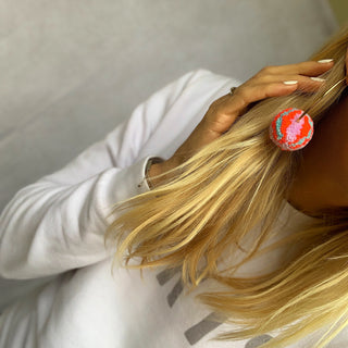 Large neon Pom Pom hoop earrings