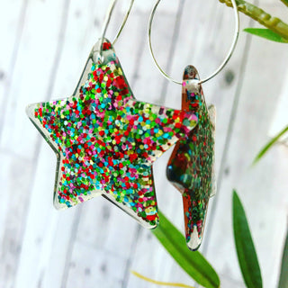 Multicolour glitter large star hoop earrings